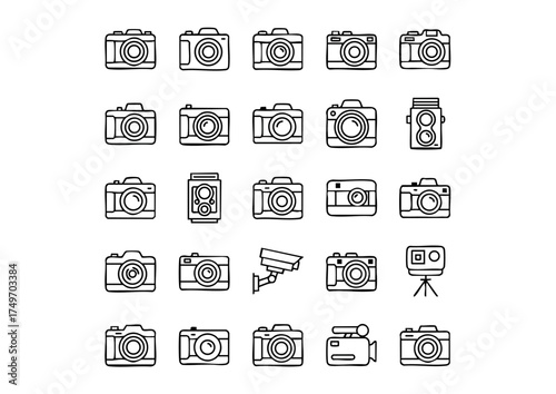 Photography Equipment Icons: Vector Line Art Cameras & Devices, Diverse Camera Graphics: Minimalist Black & White Outline Icon Set, Visual Media Tools: Vector Icons for Photography and Videograp