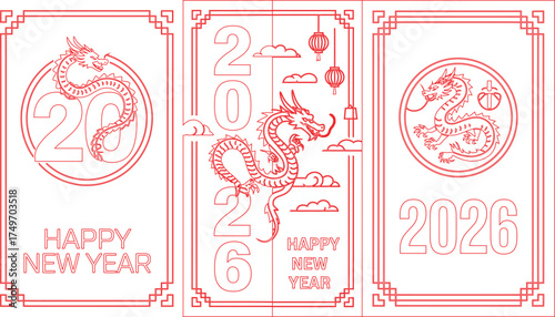 Year of the Dragon 2026 Three Red and White New Year Outline Designs
