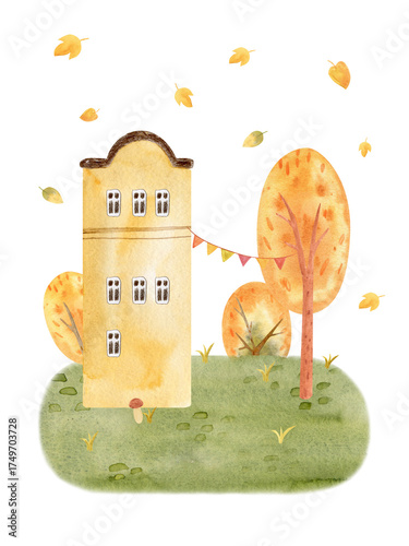 Cute watercolor autumn house surrounded by colorful trees and falling leaves. Cozy fall landscape perfect for seasonal cards, posters, prints, and home decor.