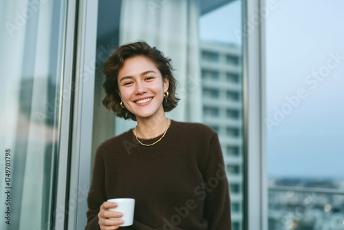 Fototapeta Naklejka Na Ścianę i Meble -  Smiling woman holding coffee cup on balcony in morning light, modern lifestyle and cozy home moment