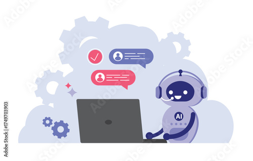 Call center. Artificial intelligence generative tools for communication. Chatbot. Helpdesk, hotline, customer support service concept.