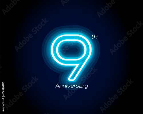 Blue neon number ninth years, 9th anniversary logo on black background. Shiny luminous jubilee sign for celebration emblem of cyber event party, digital startup, gambling icon. Vector illustration.