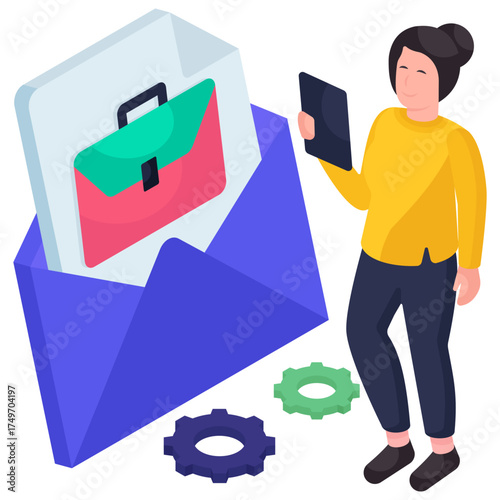 Bag on folded paper inside envelope denoting concept of job letter illustration 