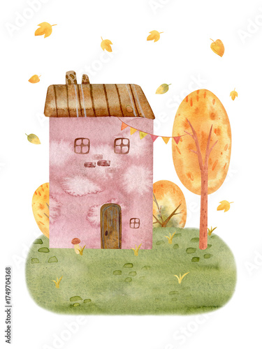 Cute watercolor autumn house surrounded by colorful trees and falling leaves. Cozy fall landscape perfect for seasonal cards, posters, prints, and home decor.