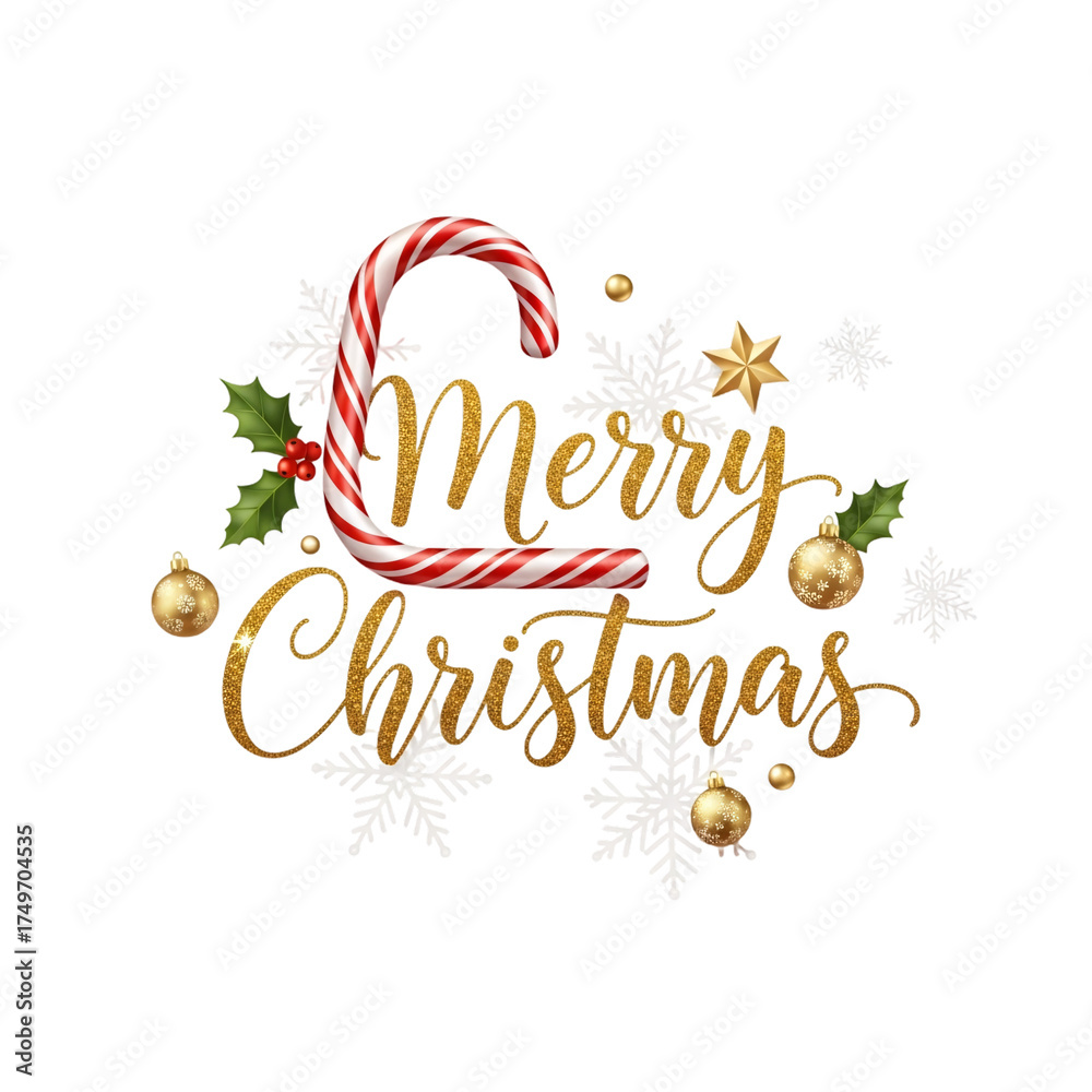 Fototapeta premium Festive Golden Merry Christmas with Candy Cane and Holiday Elements on transparent background