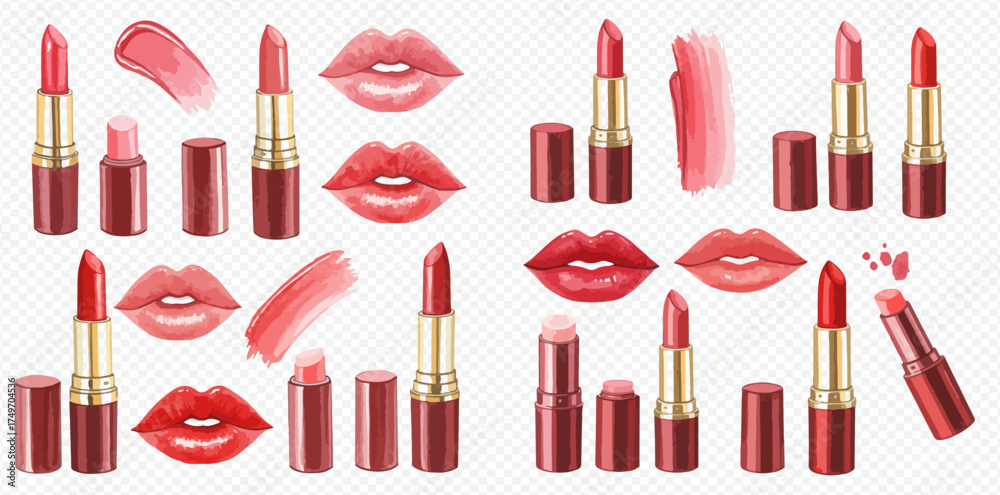 Obraz premium Realistic vector set of various red and pink lipsticks, lip illustrations, and cosmetic swatches on a transparent background.