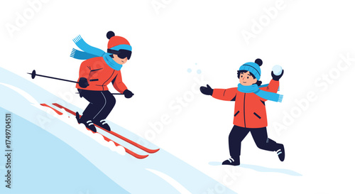 Two children enjoying winter outdoor activities on a snowy slope.