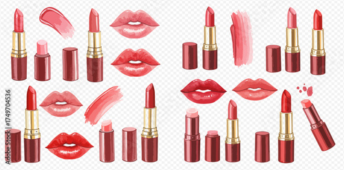 Realistic vector set of various red and pink lipsticks, lip illustrations, and cosmetic swatches on a transparent background.