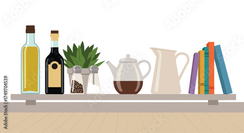 A shelf of kitchen condiments and books for decor.