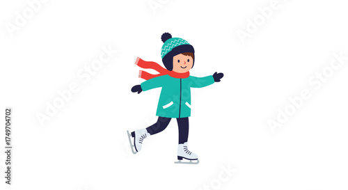 A young child in winter clothing enjoys ice skating outdoors.