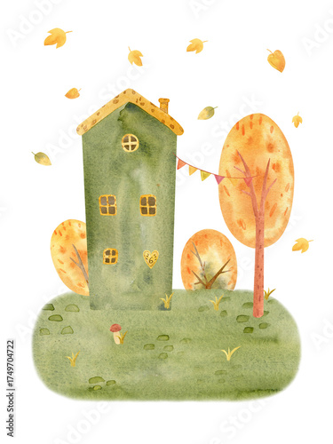 Cute watercolor autumn house surrounded by colorful trees and falling leaves. Cozy fall landscape perfect for seasonal cards, posters, prints, and home decor.