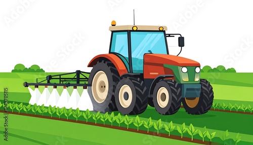 A cartoon depicting a red and green tractor spraying crops with a pesticide. The tractor moves across rows of young green plants