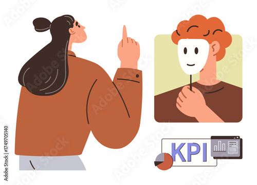 Woman gesturing with focus, man holding smiling mask symbolizing identity, KPI metrics with pie chart and report graphics. Ideal for teamwork, analysis, identity, leadership, goal setting