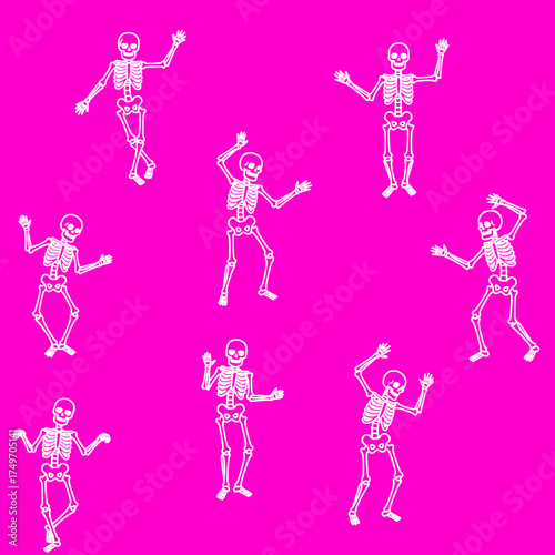 white skeletons icon set, dancing poses on isolated purple pink background, goth, punk, emo, halloween