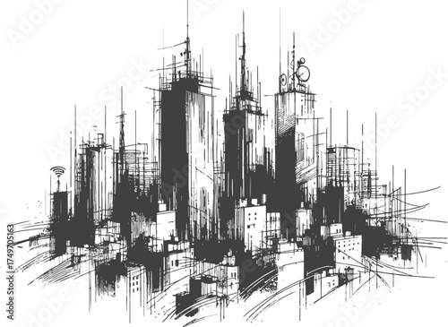  A bold, monochrome illustration of a dense cityscape featuring tall skyscrapers, sharp lines, and energetic composition. This artistic urban design conveys modernity
