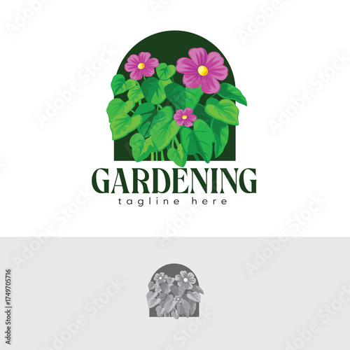 Gardening Logo Design with Flowers and Green Leaves Vector Illustration.