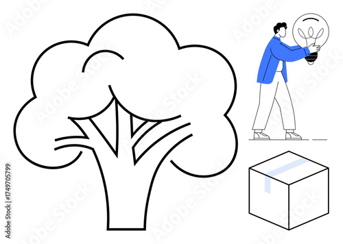Tree outline symbolizing nature, person presenting a creative lightbulb idea, and a sealed box. Ideal for innovation, sustainability, packaging, creativity, eco-friendly solutions, brainstorming