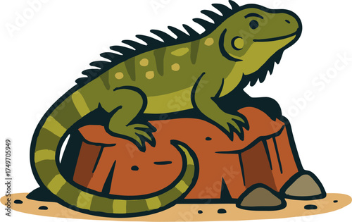 Cartoon Iguana Vector Illustration on Rock – Cute Green Reptile with Striped Tail and Desert Background