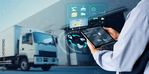 Business Logistics warehouse management system technology concept.Man hands using tablet on blurred warehouse as background