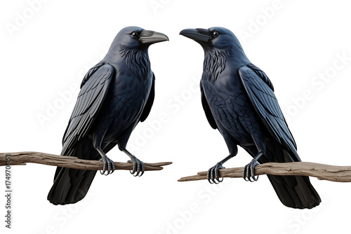 Two black crows perched on a branch, facing each other, conveying a sense of mystery and observation.