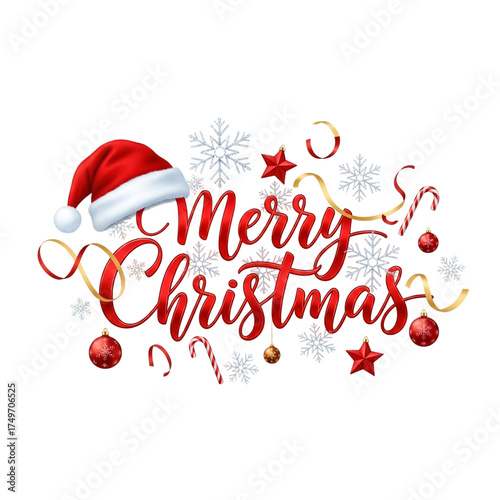 Festive Merry Christmas Greeting with Holiday Elements on White Background on transparent background