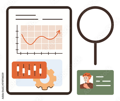 Growth chart with arrow, control panel, gear, magnifying glass, and ID card. Ideal for analytics, research, identity verification business strategy decision-making process finance. Simple flat