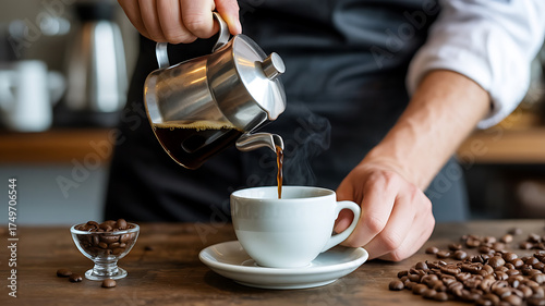 Brewing rich, dark coffee into a white cup, warm beverage, morning ritual, aromatic, cozy atmosphere.