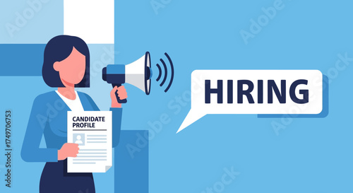 Vector illustration of a business woman using a megaphone for a hiring announcement, representing recruitment and job opportunities