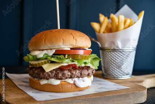 Juicy burger with cheese, lettuce, tomato, and fries served on a wooden board.