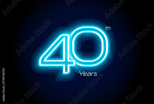 Blue neon number forty years, 40th anniversary logo on black background. Shiny luminous jubilee sign for celebration emblem of cyber event party, digital startup, gambling icon. Vector illustration.