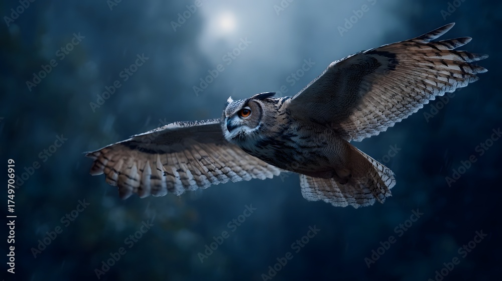 Fototapeta premium A majestic owl with striking orange eyes soars through a dark misty night forest under faint moonlight