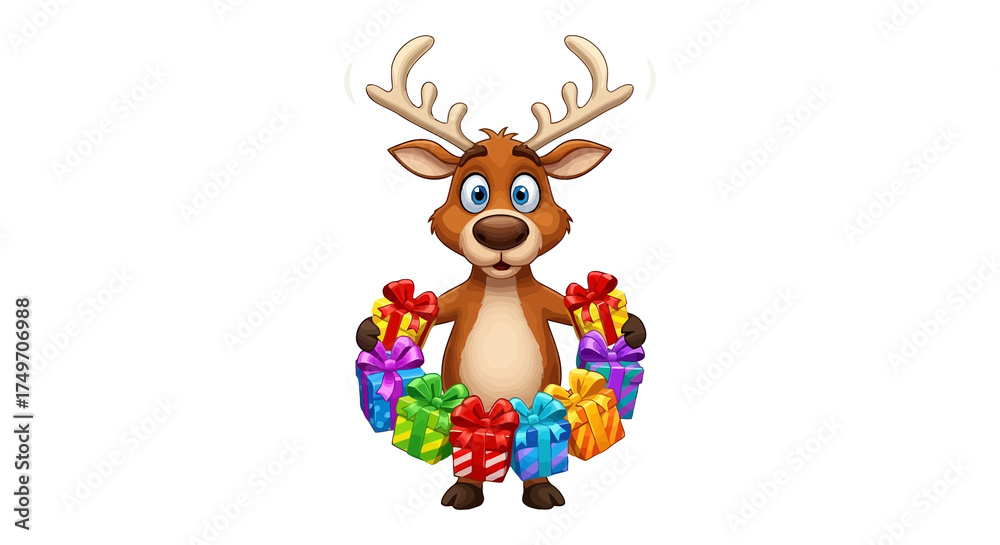 Fototapeta premium Cute cartoon reindeer holding a circle of colorful Christmas gift boxes