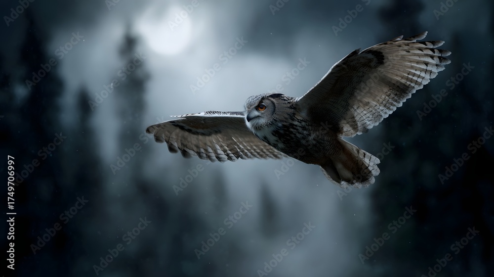 Obraz premium Majestic owl in flight through a moonlit misty forest at night