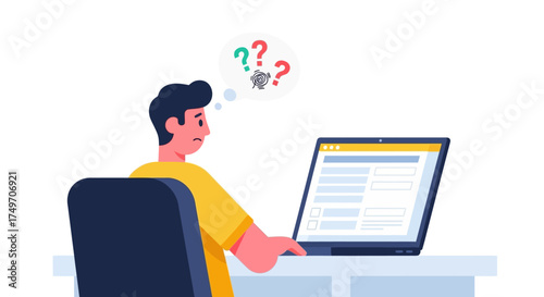 Confused Person Sitting At Desk With Laptop, Question Marks Floating Above Head