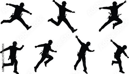 Construction worker silhouettes in jumping and running action poses with helmet, tool belt, safety gear, occupational labor, teamwork, industry vector illustration