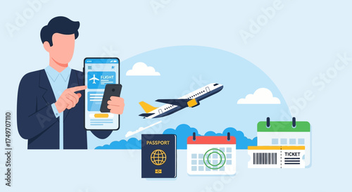Man booking flight tickets on a mobile app with airplane, passport, and calendar icons representing travel planning