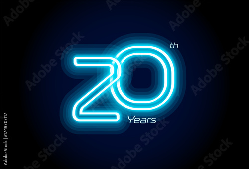 Blue neon number twenty years, 20th anniversary logo on black background. Shiny luminous jubilee sign for celebration emblem of cyber event party, digital startup, gambling icon. Vector illustration.