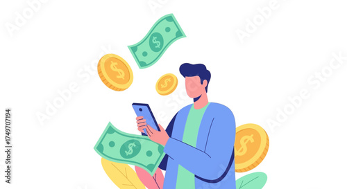 Money Transfer Concept Man Using Mobile Device with Floating Cash and Coins