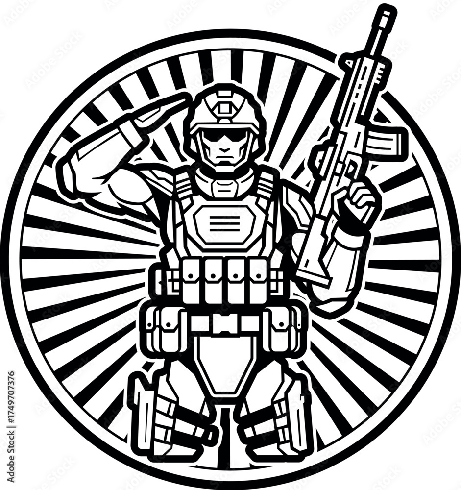 Fototapeta premium Soldier in uniform saluting isolated on white background in vector format