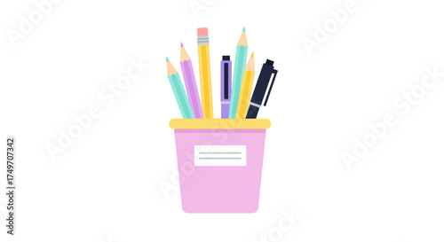 Colorful Stationery Holder with Pencils and Pens Vector Illustration for Office, School, or Creative Work - Essential Desk Organizer