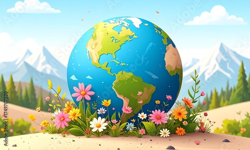 Earth globe with colorful flowers in nature landscape illustration
