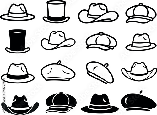 Collection of various hats isolated on white background in vector format