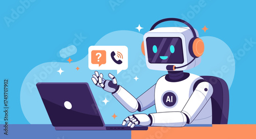 AI-powered customer service robot working on a laptop, providing efficient support and communication solutions in a digital helpdesk environment