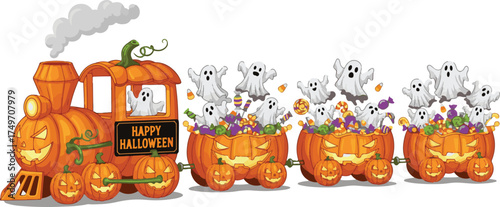 Halloween pumpkin train carrying ghosts and candy a festive illustration for holiday designs and party invitations