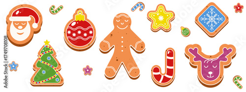 Christmas Gingerbread. Vector illustrtaion of cute Gingerbread set isolated transparent backgorund. Xmas tree ball reindeer santa Gingerbread collection. EPS 10