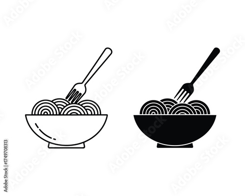 A minimalist bowl of spaghetti with a fork, presented in both outline and solid black versions