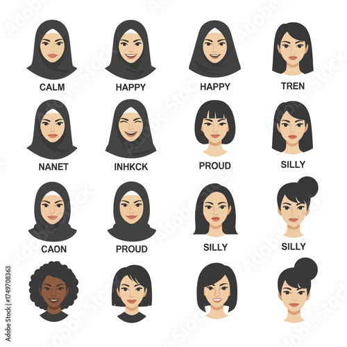 Diverse Womens Faces Expressing Emotions and Wearing Hijabs.