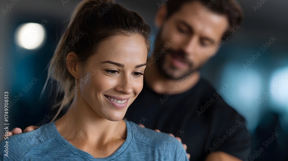 Fototapeta premium A woman smiles as a man possibly a therapist or coach places hands on her shoulders in a gym setting