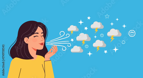 Woman blowing, whisking a storm of clouds and lightning. This illustrates the generation of turbulent emotions or the swift onset of challenging weather conditions