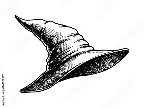 Hand drawn witch hat classic symbol of magic, halloween, and wizardry, rendered in detailed engraving style
